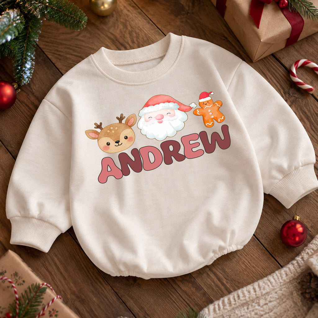 Custom Name Christmas Baby Romper, Personalized Santa Milk Gingerbread Design, My First Birthday Outfit, 1st Christmas Gift — product view 5