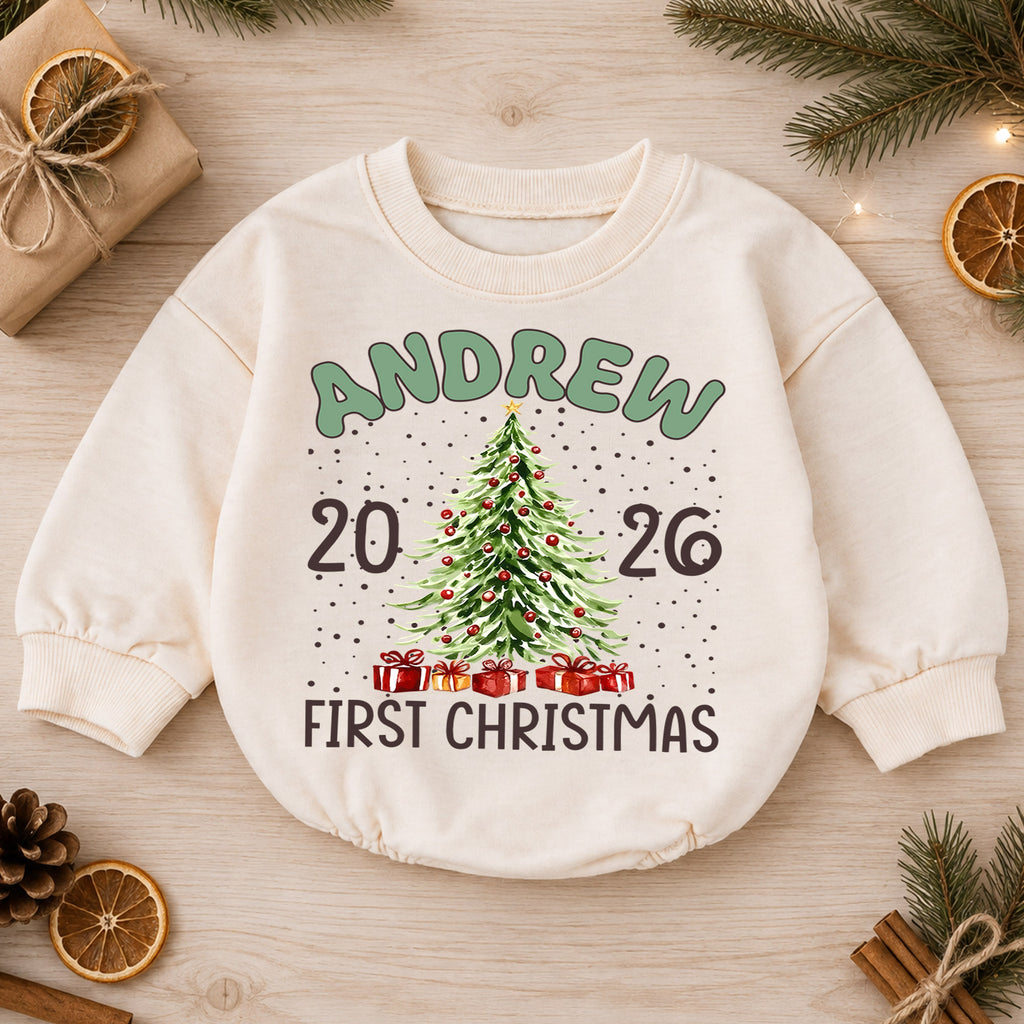 Custom Name Christmas Baby Romper, Reindeer Santa Tree Holiday Outfit, Personalized 1st Christmas Gift for Baby Boys & Girls — product view 1