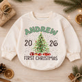Custom Name Christmas Baby Romper, Reindeer Santa Tree Holiday Outfit, Personalized 1st Christmas Gift for Baby Boys & Girls — product view 1