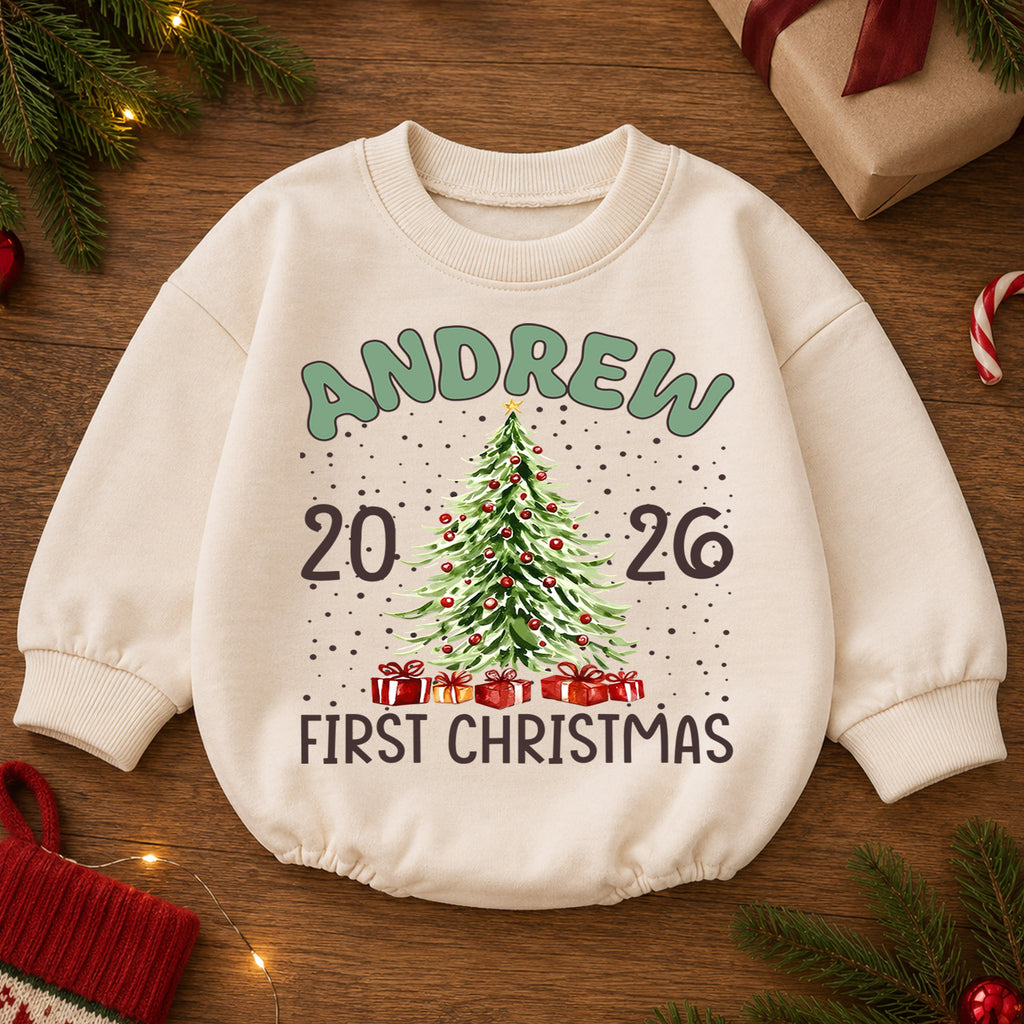 Custom Name Christmas Baby Romper, Reindeer Santa Tree Holiday Outfit, Personalized 1st Christmas Gift for Baby Boys & Girls — product view 2