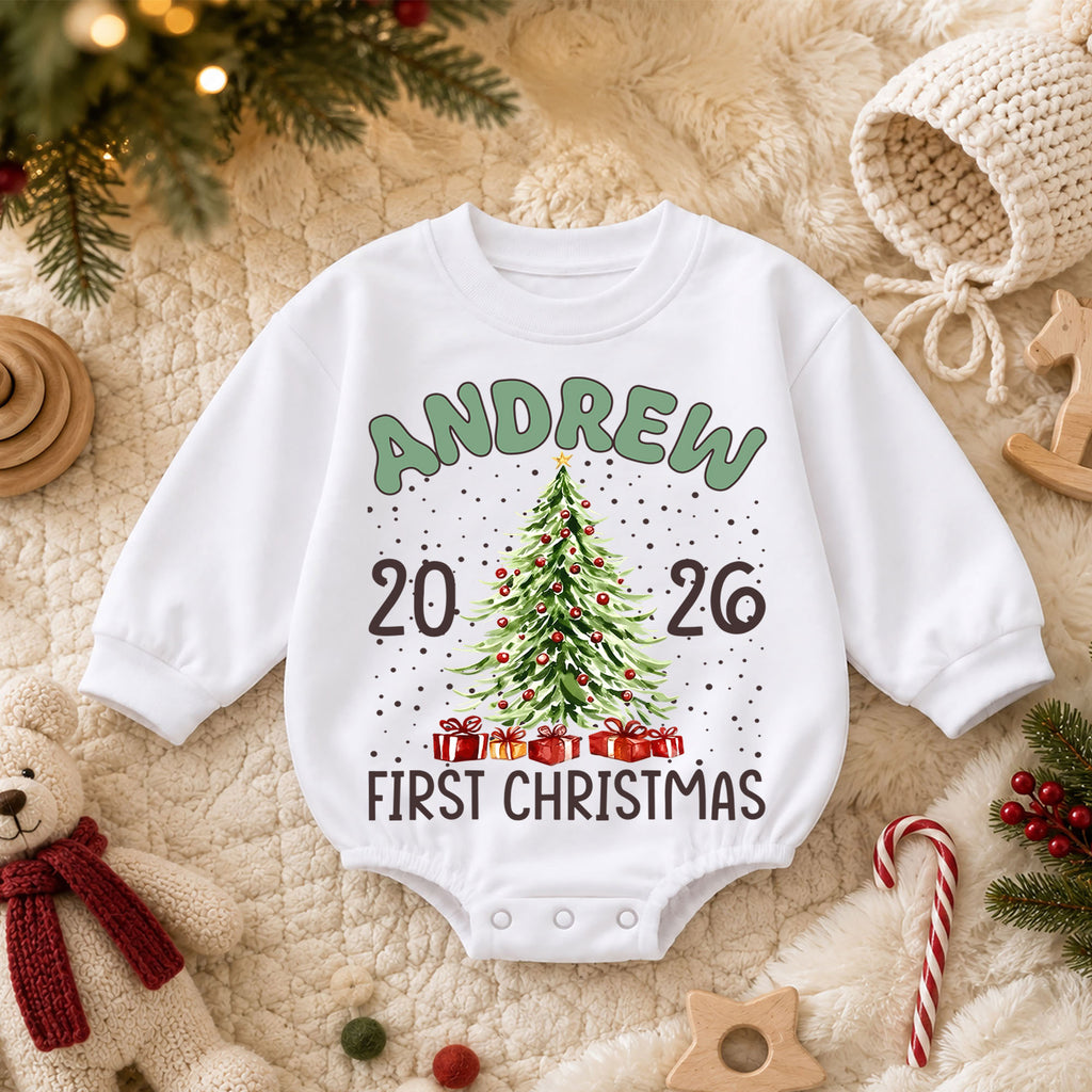 Custom Name Christmas Baby Romper, Reindeer Santa Tree Holiday Outfit, Personalized 1st Christmas Gift for Baby Boys & Girls — product view 3