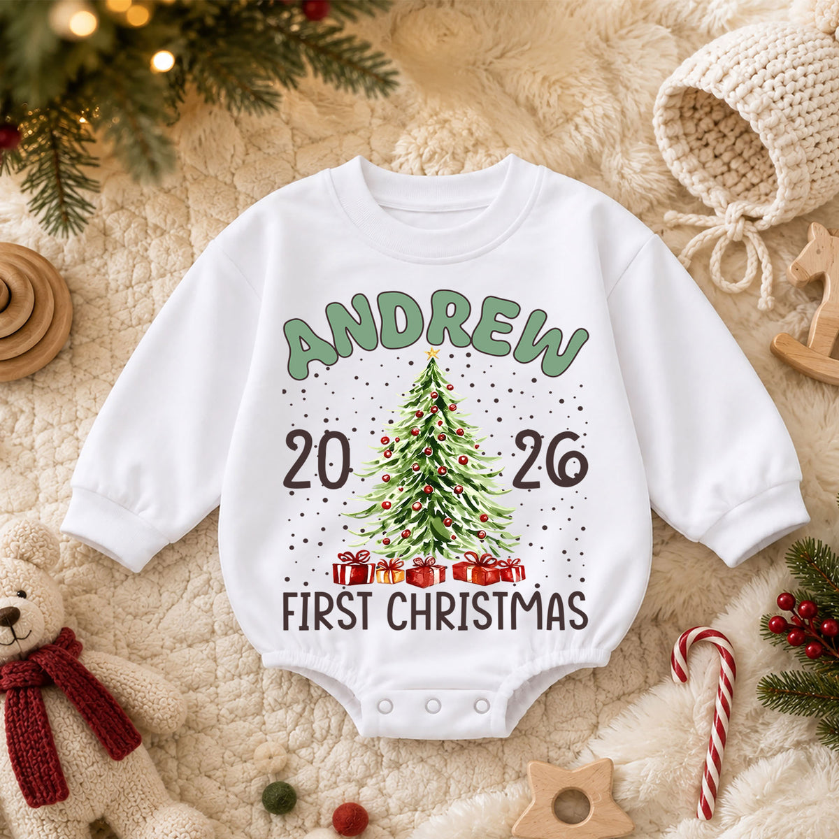 Custom Name Christmas Baby Romper, Reindeer Santa Tree Holiday Outfit, Personalized 1st Christmas Gift for Baby Boys & Girls — product view 3