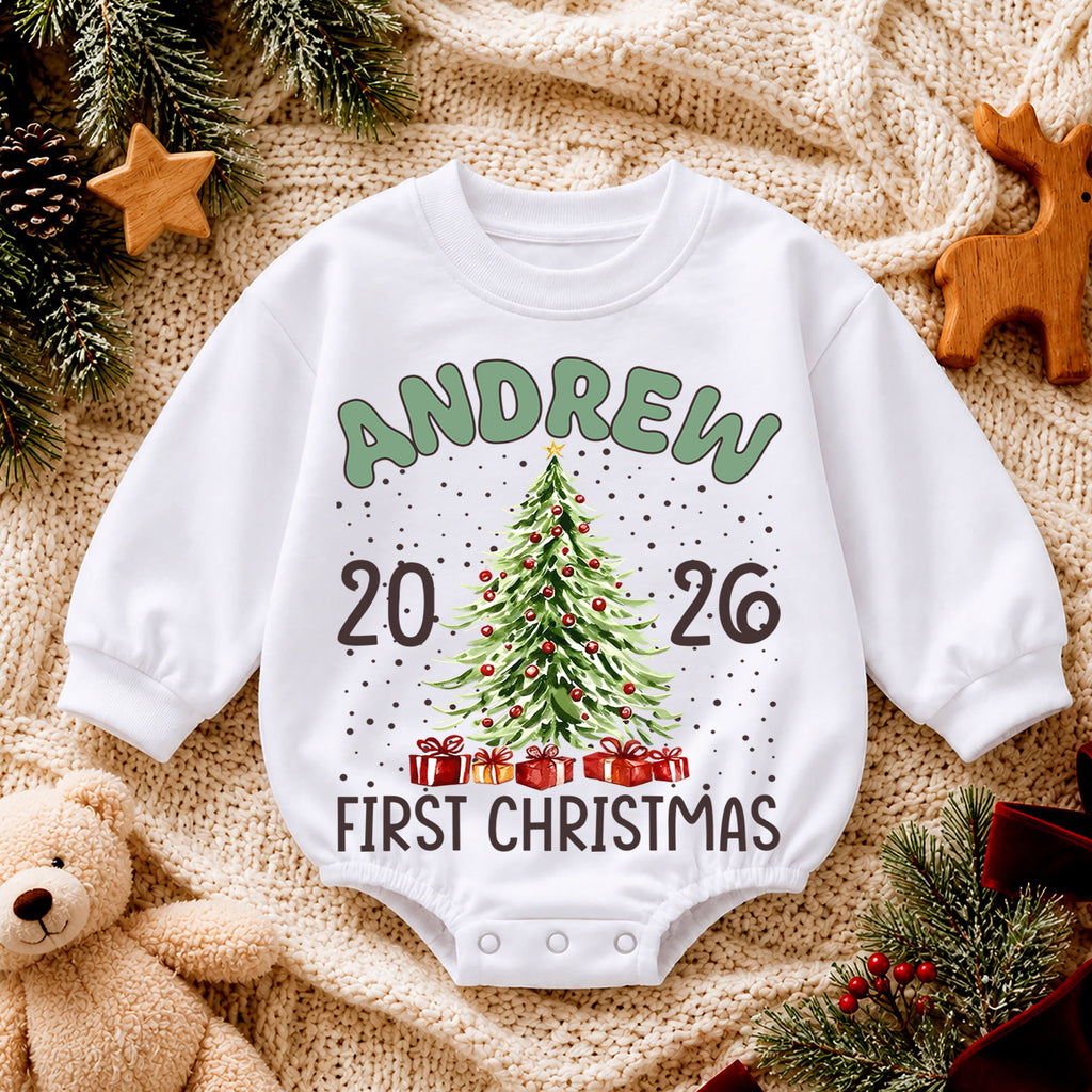 Custom Name Christmas Baby Romper, Reindeer Santa Tree Holiday Outfit, Personalized 1st Christmas Gift for Baby Boys & Girls — product view 4