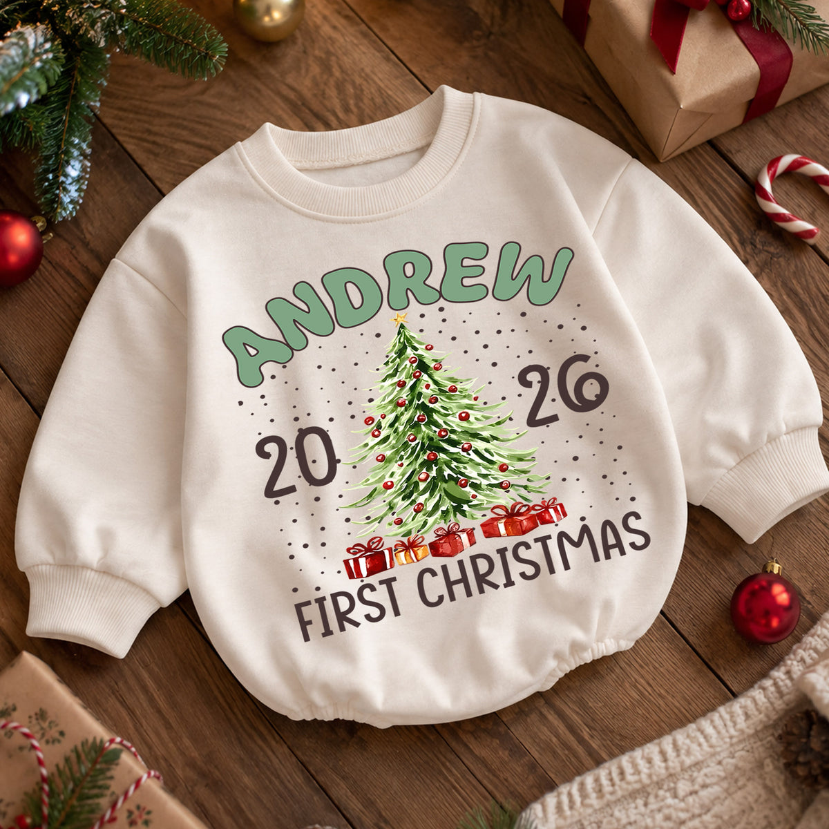 Custom Name Christmas Baby Romper, Reindeer Santa Tree Holiday Outfit, Personalized 1st Christmas Gift for Baby Boys & Girls — product view 5
