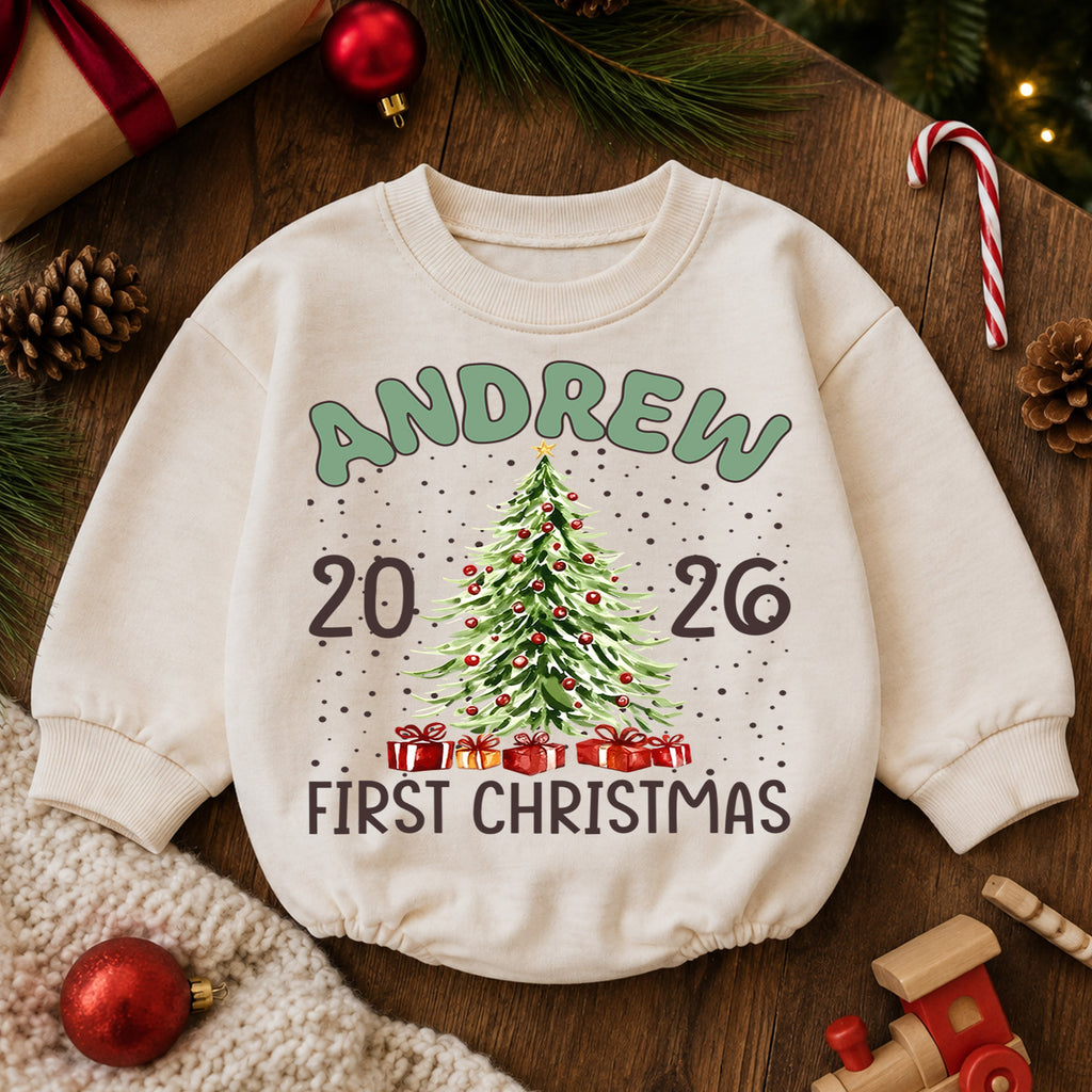 Custom Name Christmas Baby Romper, Reindeer Santa Tree Holiday Outfit, Personalized 1st Christmas Gift for Baby Boys & Girls — product view 6