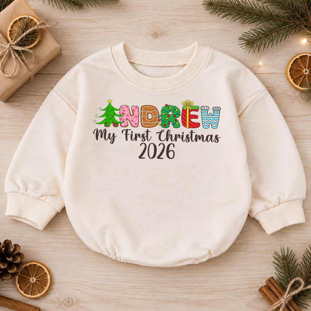 Personalized Christmas Name Baby Romper, Gingerbread Tree Candy Cane Outfit, Custom 1st Christmas Holiday Gift for Baby & Baby — product view 1
