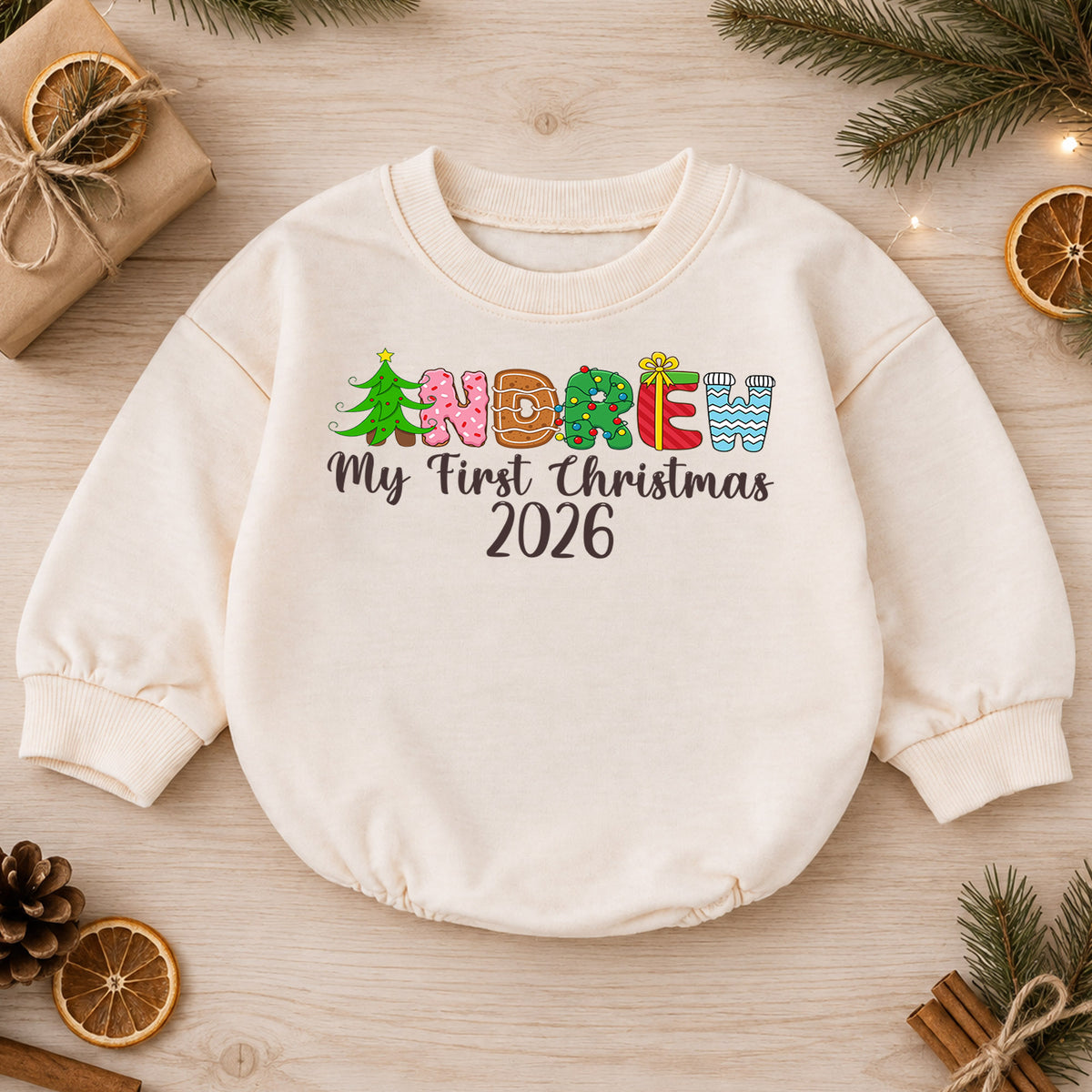 Personalized Christmas Name Baby Romper, Gingerbread Tree Candy Cane Outfit, Custom 1st Christmas Holiday Gift for Baby & Baby — product view 1