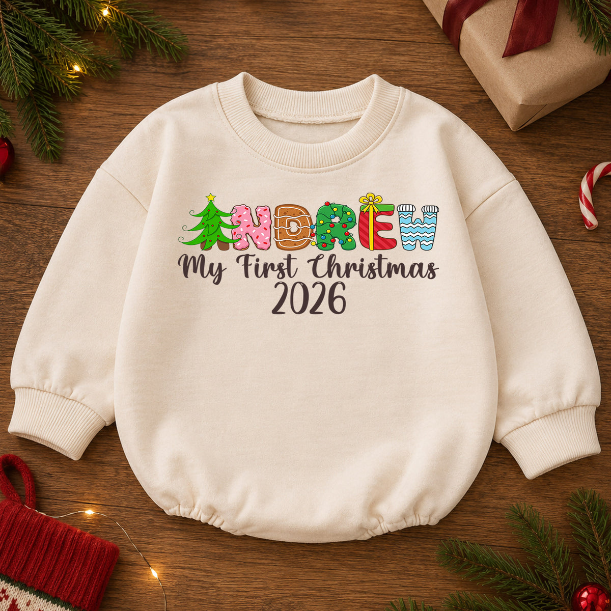Personalized Christmas Name Baby Romper, Gingerbread Tree Candy Cane Outfit, Custom 1st Christmas Holiday Gift for Baby & Baby — product view 2