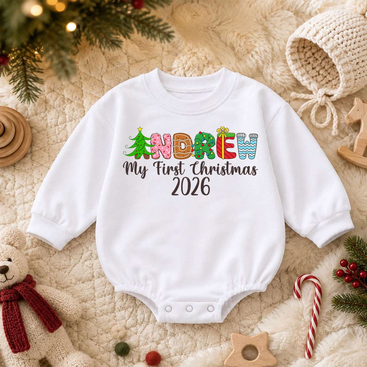Personalized Christmas Name Baby Romper, Gingerbread Tree Candy Cane Outfit, Custom 1st Christmas Holiday Gift for Baby & Baby — product view 3