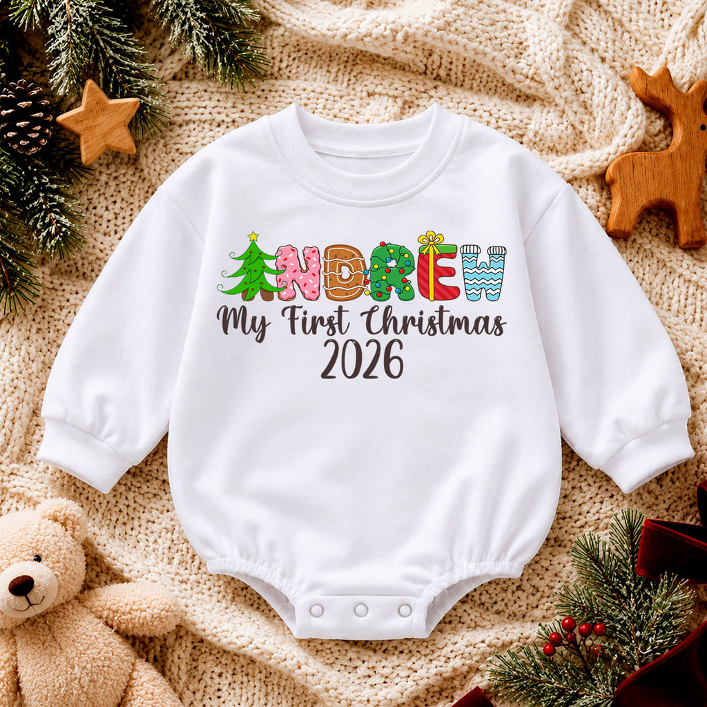 Personalized Christmas Name Baby Romper, Gingerbread Tree Candy Cane Outfit, Custom 1st Christmas Holiday Gift for Baby & Baby — product view 4