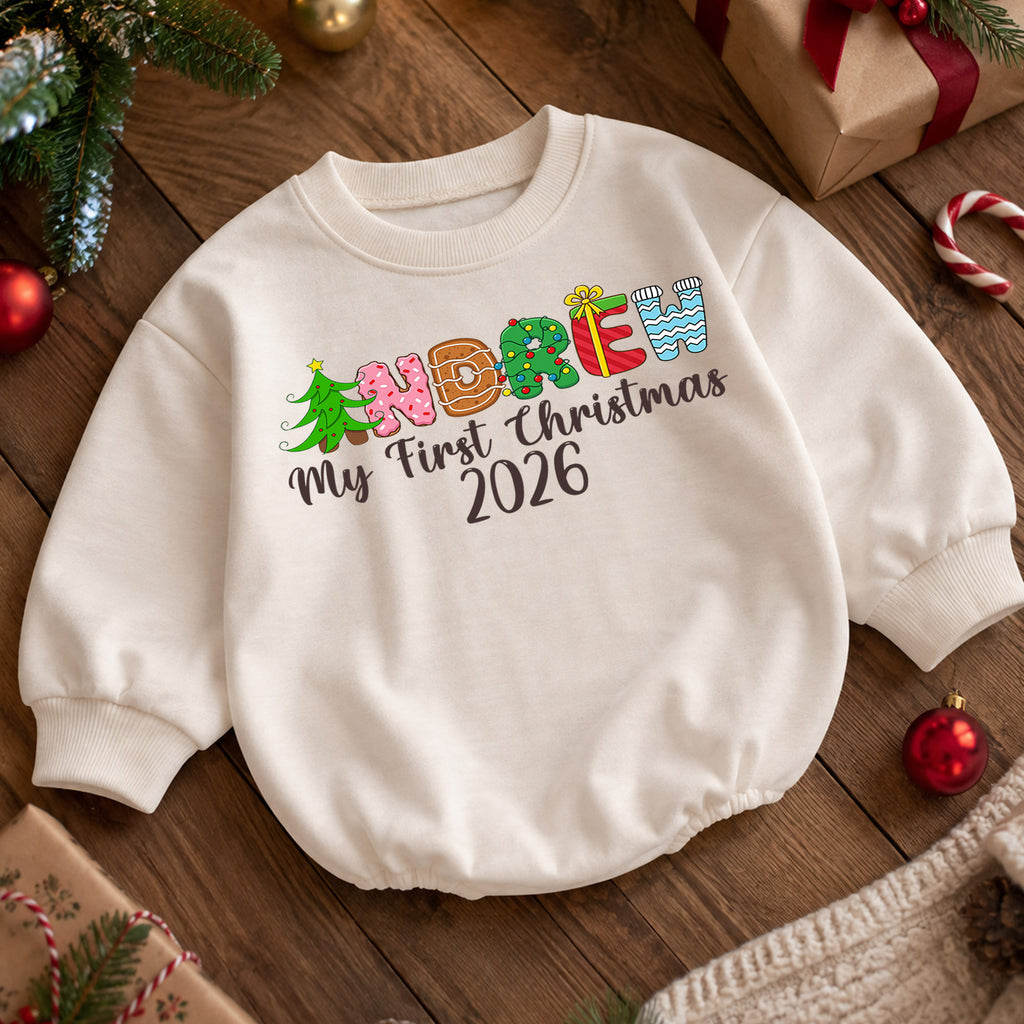 Personalized Christmas Name Baby Romper, Gingerbread Tree Candy Cane Outfit, Custom 1st Christmas Holiday Gift for Baby & Baby — product view 5