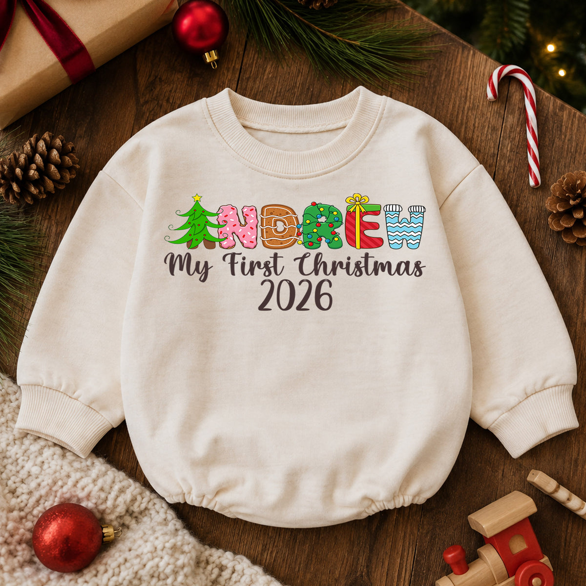 Personalized Christmas Name Baby Romper, Gingerbread Tree Candy Cane Outfit, Custom 1st Christmas Holiday Gift for Baby & Baby — product view 6