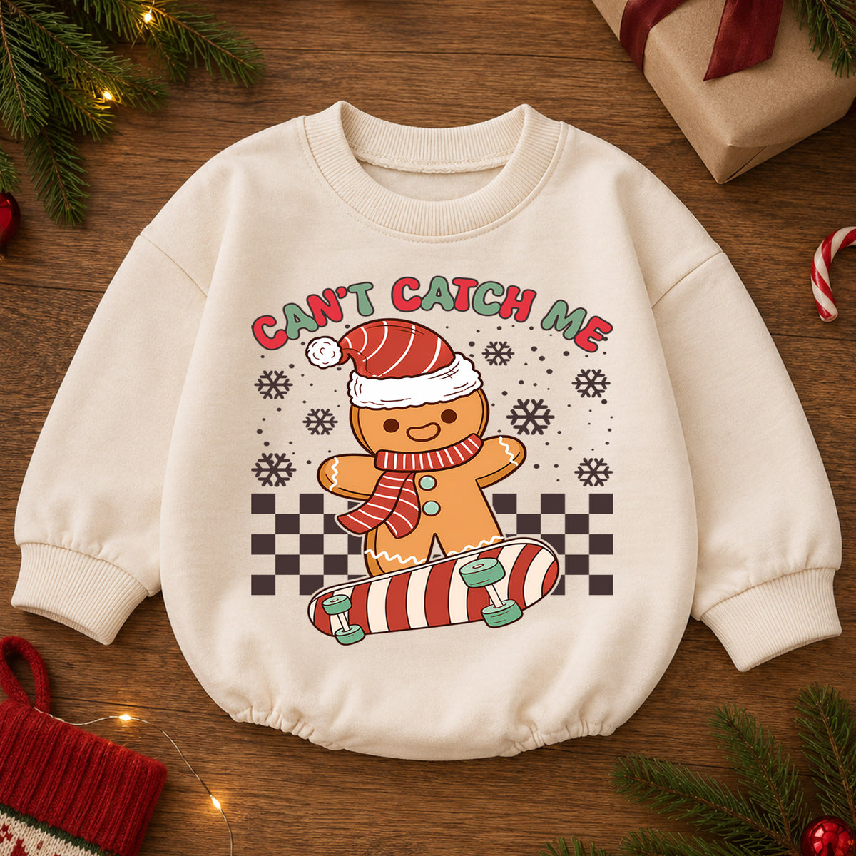 Cant Catch Me Gingerbread Baby Romper, Skateboard Christmas Romper, Funny Toddler Holiday Outfit, Gingerbread Xmas Gift — product view 2