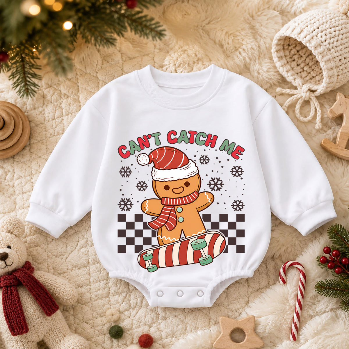 Cant Catch Me Gingerbread Baby Romper, Skateboard Christmas Romper, Funny Toddler Holiday Outfit, Gingerbread Xmas Gift — product view 3