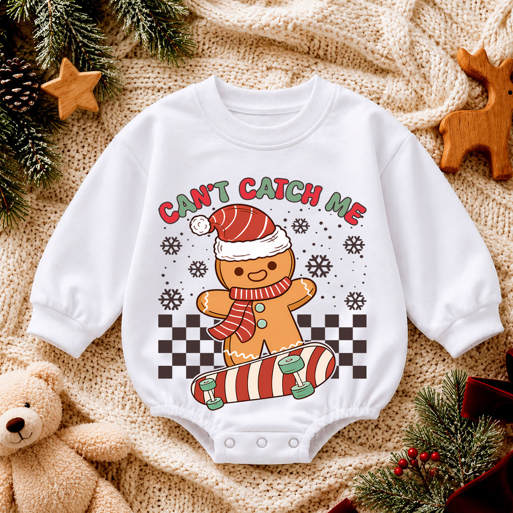 Cant Catch Me Gingerbread Baby Romper, Skateboard Christmas Romper, Funny Toddler Holiday Outfit, Gingerbread Xmas Gift — product view 4