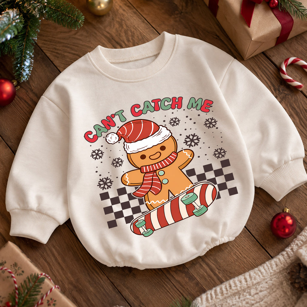 Cant Catch Me Gingerbread Baby Romper, Skateboard Christmas Romper, Funny Toddler Holiday Outfit, Gingerbread Xmas Gift — product view 5