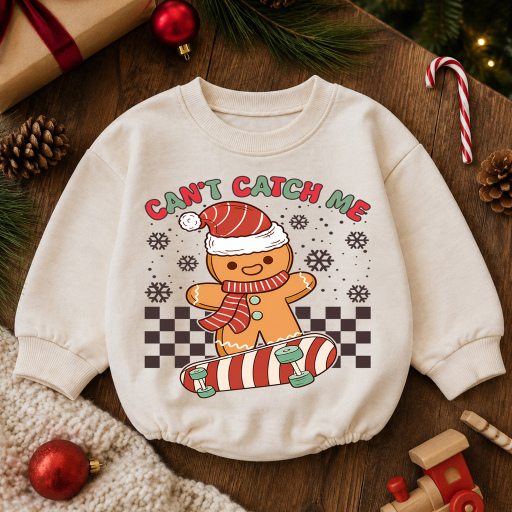 Cant Catch Me Gingerbread Baby Romper, Skateboard Christmas Romper, Funny Toddler Holiday Outfit, Gingerbread Xmas Gift — product view 6