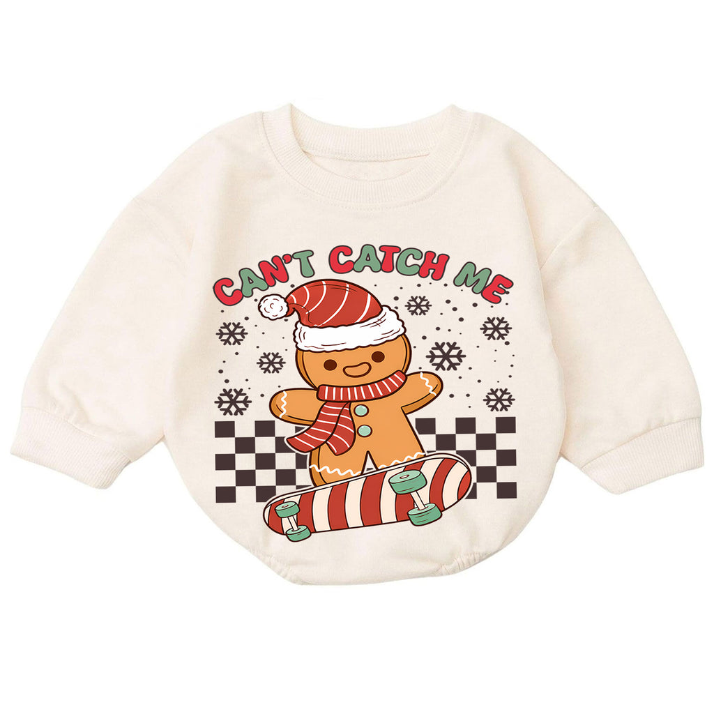 Cant Catch Me Gingerbread Baby Romper, Skateboard Christmas Romper, Funny Toddler Holiday Outfit, Gingerbread Xmas Gift — product view 7