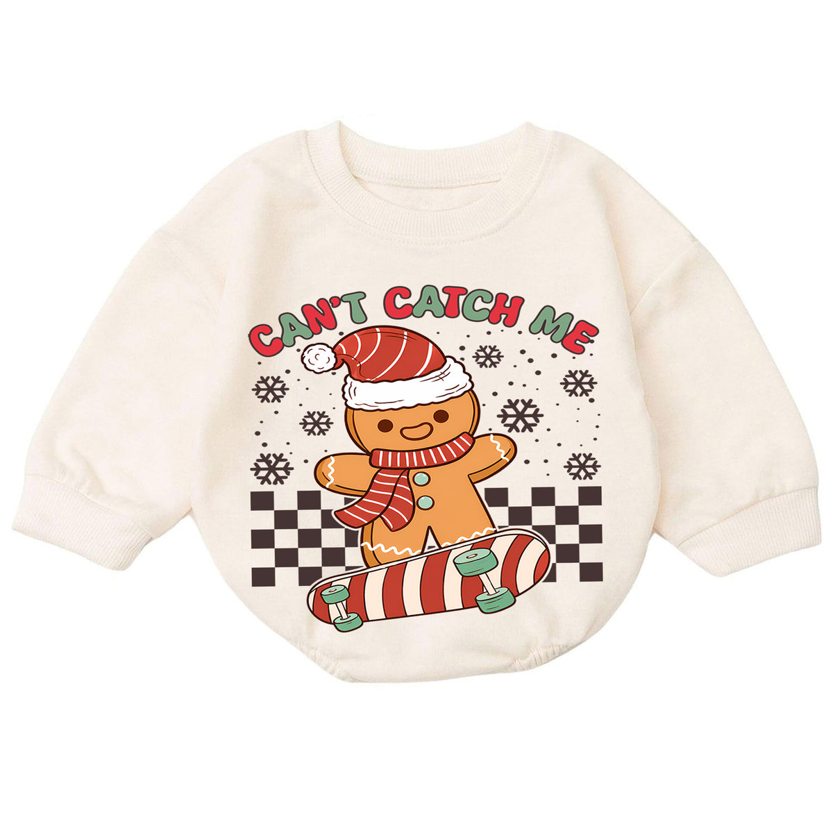 Cant Catch Me Gingerbread Baby Romper, Skateboard Christmas Romper, Funny Toddler Holiday Outfit, Gingerbread Xmas Gift — product view 7