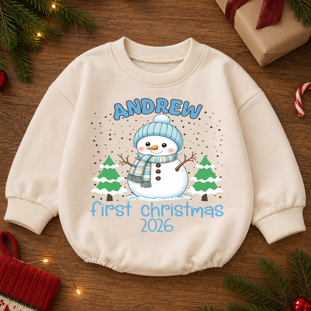 Personalized Snowman Baby Romper, Custom Name Christmas Outfit, Cute 1st Christmas Holiday Gift for Baby Boys and Girls Baby — product view 2