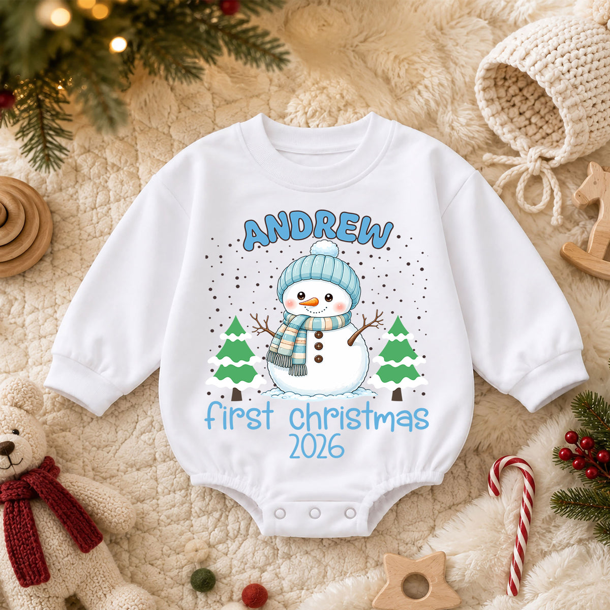 Personalized Snowman Baby Romper, Custom Name Christmas Outfit, Cute 1st Christmas Holiday Gift for Baby Boys and Girls Baby — product view 3
