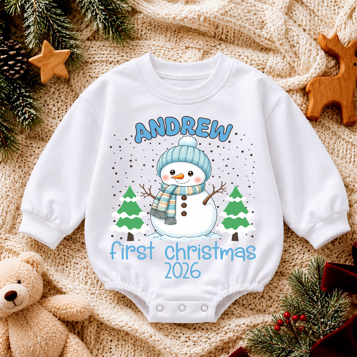 Personalized Snowman Baby Romper, Custom Name Christmas Outfit, Cute 1st Christmas Holiday Gift for Baby Boys and Girls Baby — product view 4
