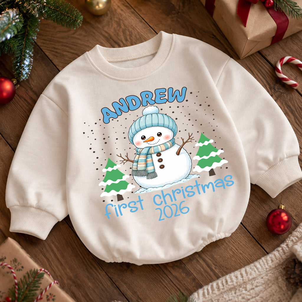 Personalized Snowman Baby Romper, Custom Name Christmas Outfit, Cute 1st Christmas Holiday Gift for Baby Boys and Girls Baby — product view 5