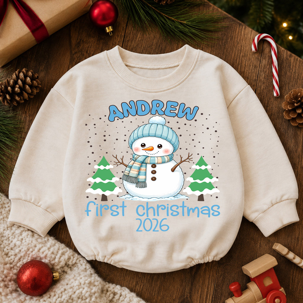 Personalized Snowman Baby Romper, Custom Name Christmas Outfit, Cute 1st Christmas Holiday Gift for Baby Boys and Girls Baby — product view 6
