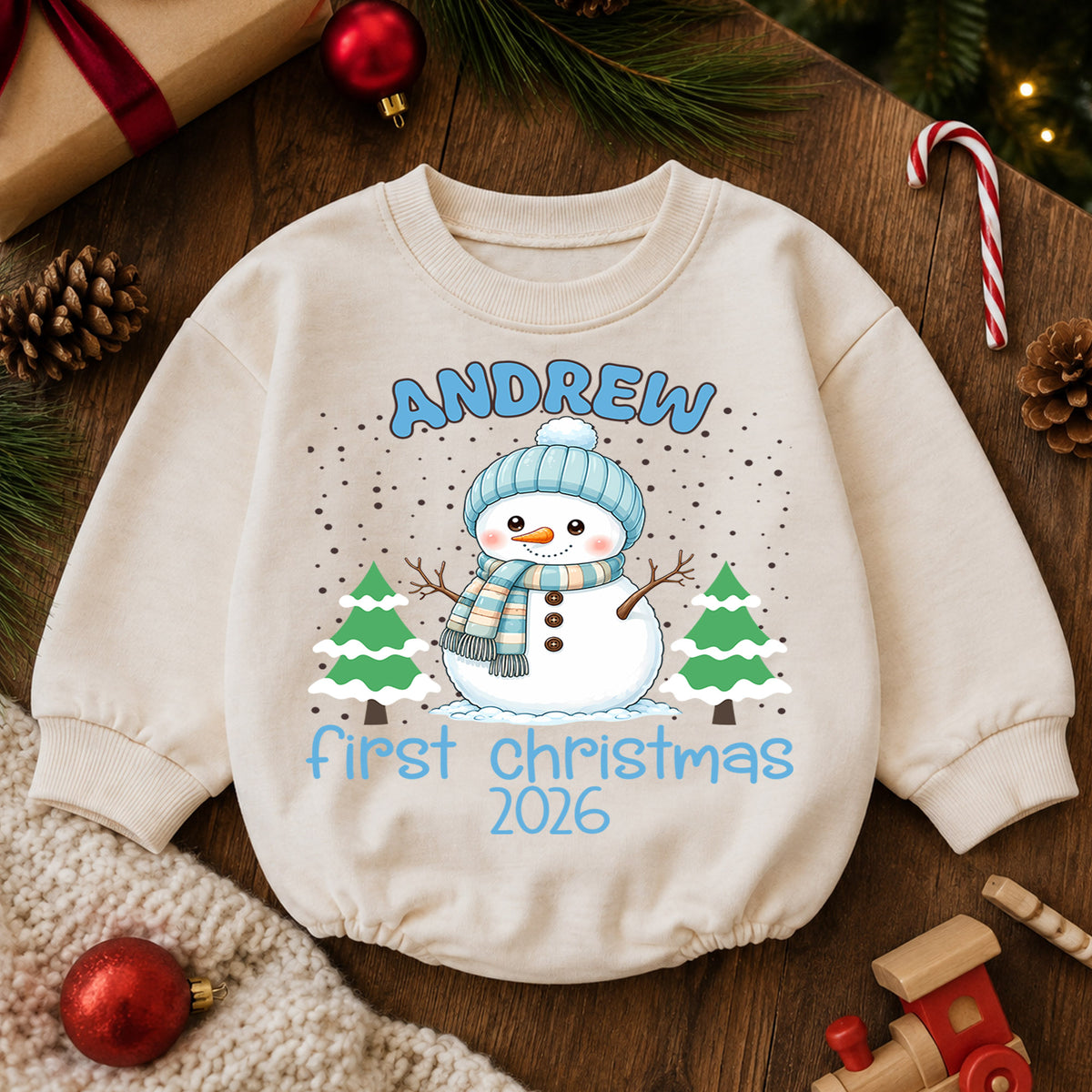 Personalized Snowman Baby Romper, Custom Name Christmas Outfit, Cute 1st Christmas Holiday Gift for Baby Boys and Girls Baby — product view 6