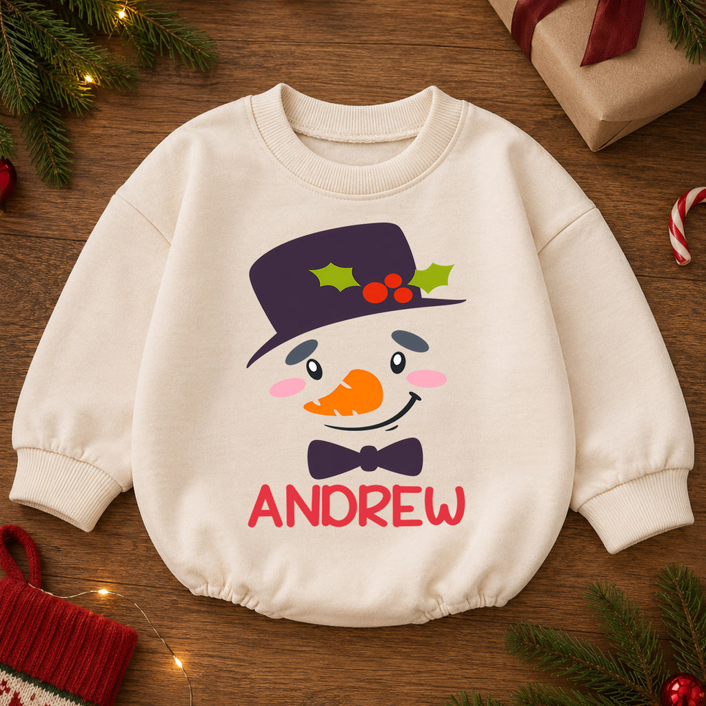 Custom Name Snowman Christmas Romper, Personalized Holiday Baby Outfit, 1st Christmas Keepsake Gift for Boys and Girls Gift — product view 2