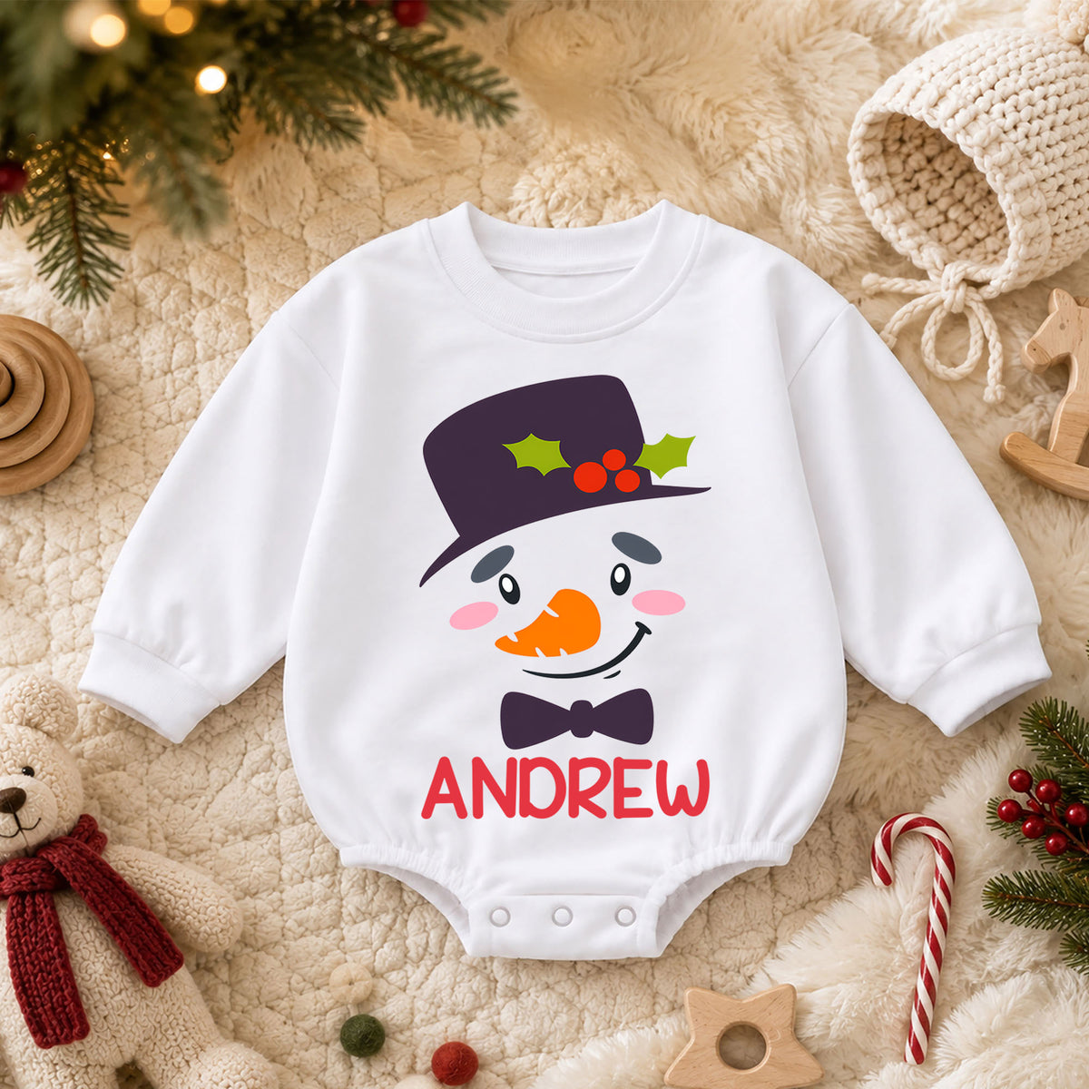 Custom Name Snowman Christmas Romper, Personalized Holiday Baby Outfit, 1st Christmas Keepsake Gift for Boys and Girls Gift — product view 3