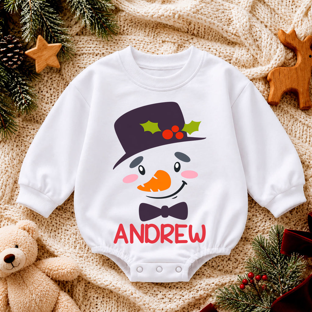 Custom Name Snowman Christmas Romper, Personalized Holiday Baby Outfit, 1st Christmas Keepsake Gift for Boys and Girls Gift — product view 4