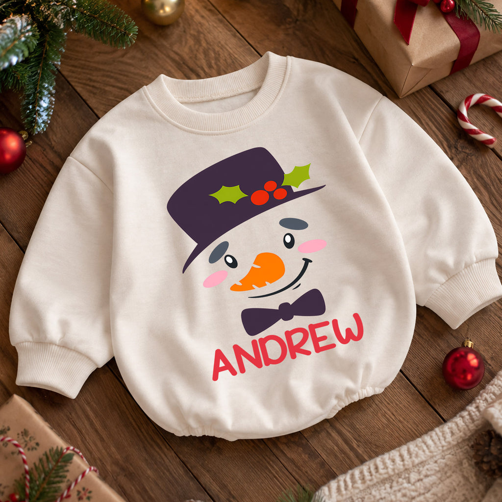 Custom Name Snowman Christmas Romper, Personalized Holiday Baby Outfit, 1st Christmas Keepsake Gift for Boys and Girls Gift — product view 5