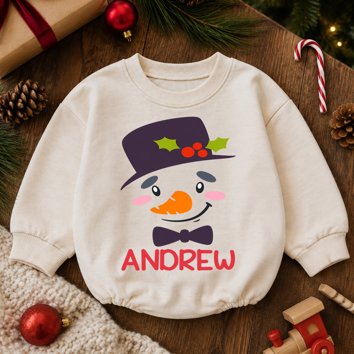 Custom Name Snowman Christmas Romper, Personalized Holiday Baby Outfit, 1st Christmas Keepsake Gift for Boys and Girls Gift — product view 6