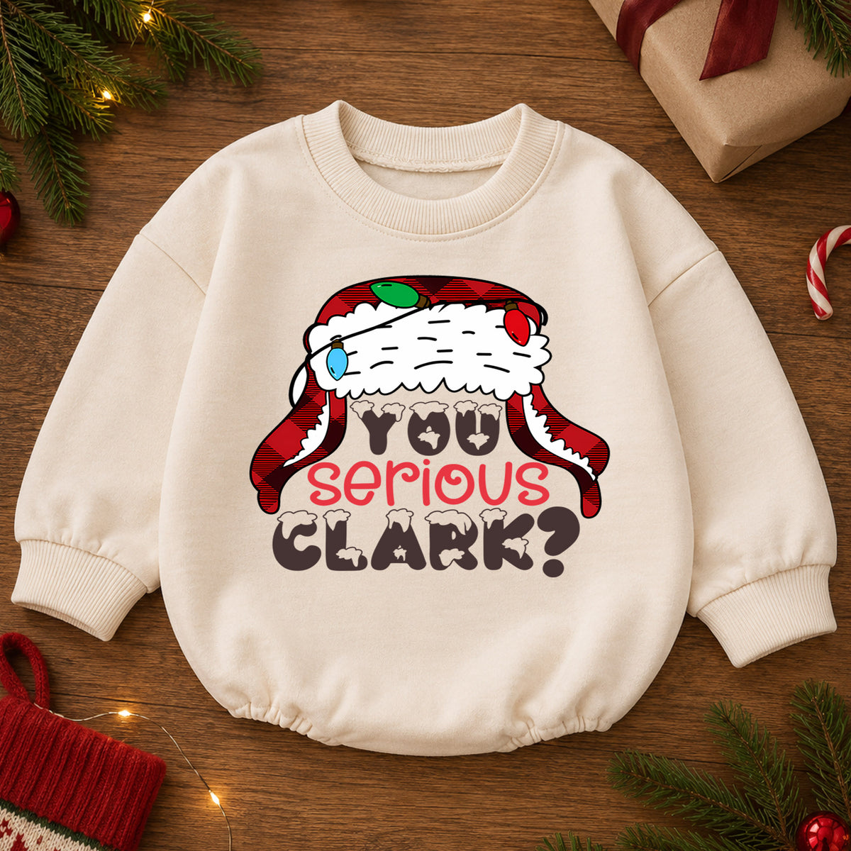 You Serious Clark Christmas Baby Romper, Plaid Holiday Romper, Funny Winter Outfit, Toddler Christmas Gift — product view 2