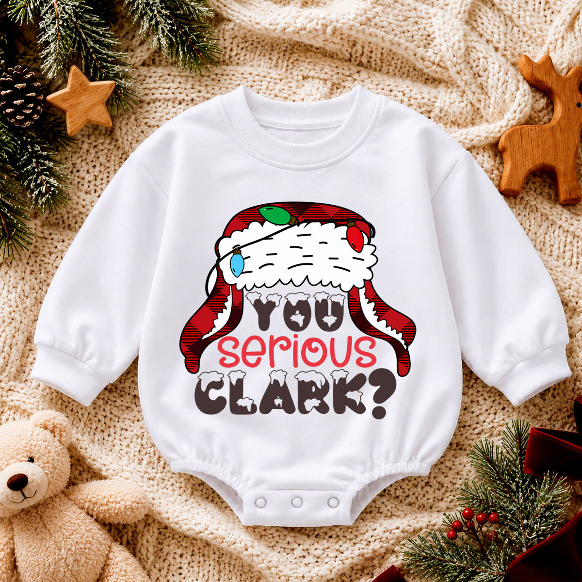 You Serious Clark Christmas Baby Romper, Plaid Holiday Romper, Funny Winter Outfit, Toddler Christmas Gift — product view 4