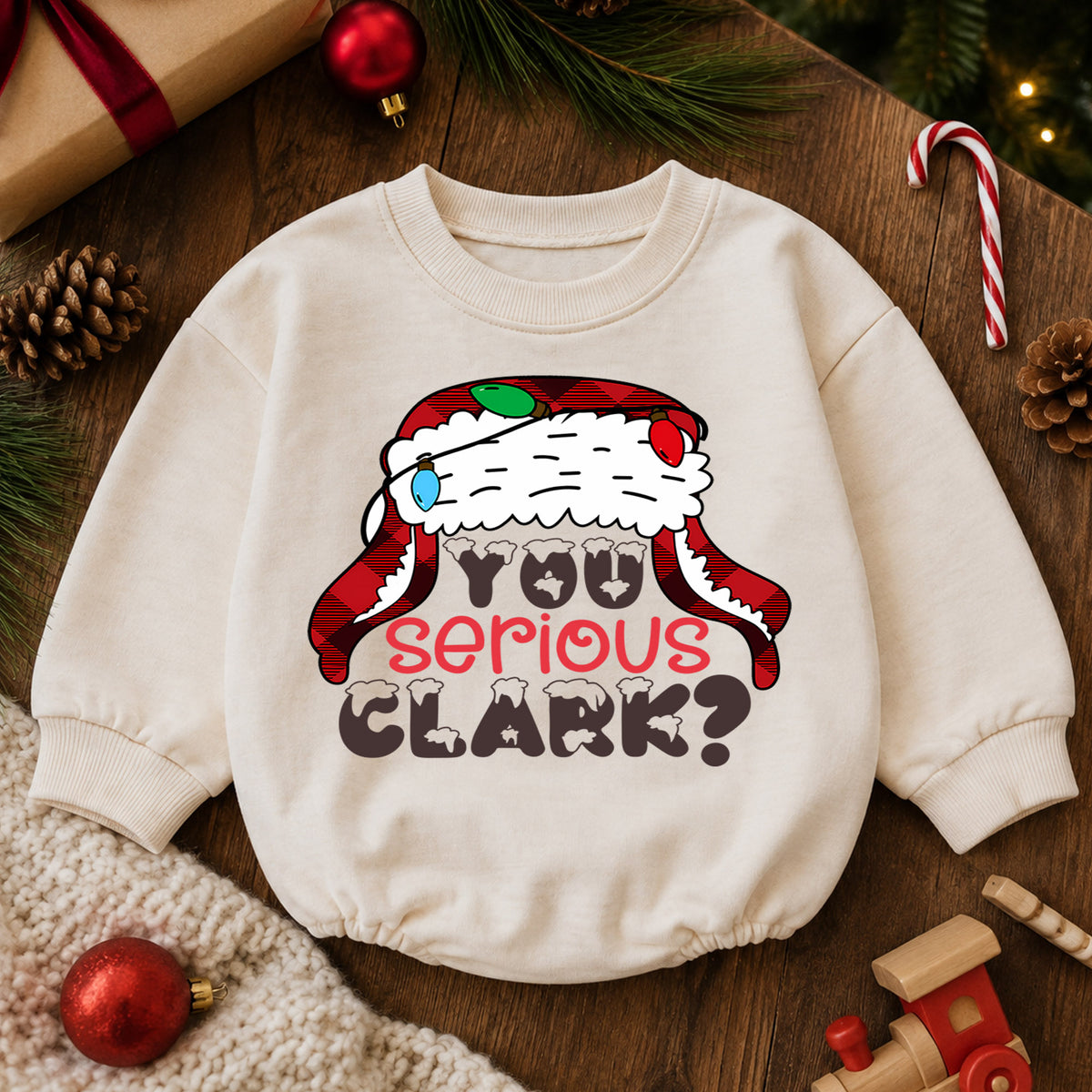 You Serious Clark Christmas Baby Romper, Plaid Holiday Romper, Funny Winter Outfit, Toddler Christmas Gift — product view 6
