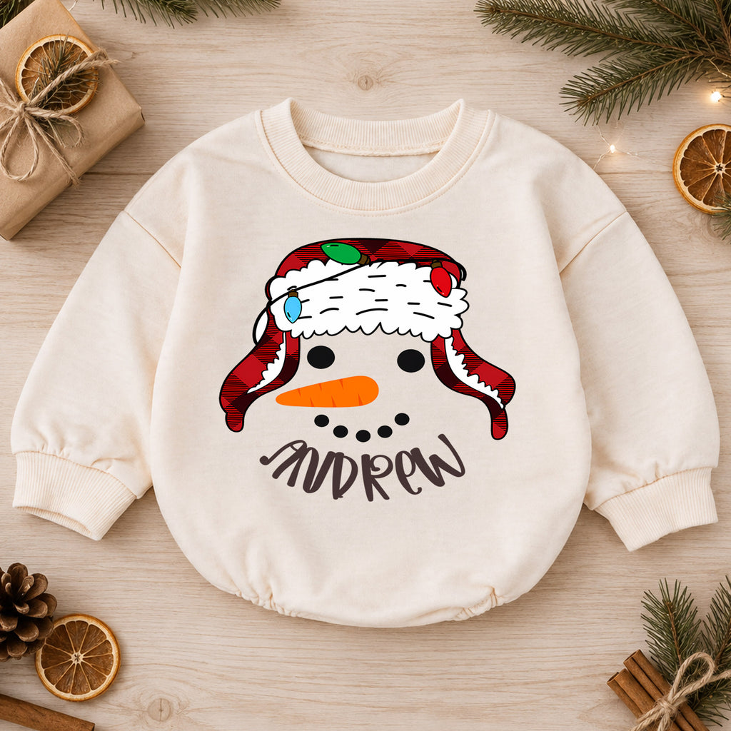 Snowman Baby Romper, Christmas Romper, Plaid Snowman Holiday Outfit, Toddler Xmas Gift — product view 1