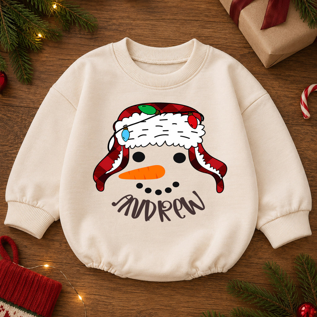 Snowman Baby Romper, Christmas Romper, Plaid Snowman Holiday Outfit, Toddler Xmas Gift — product view 2