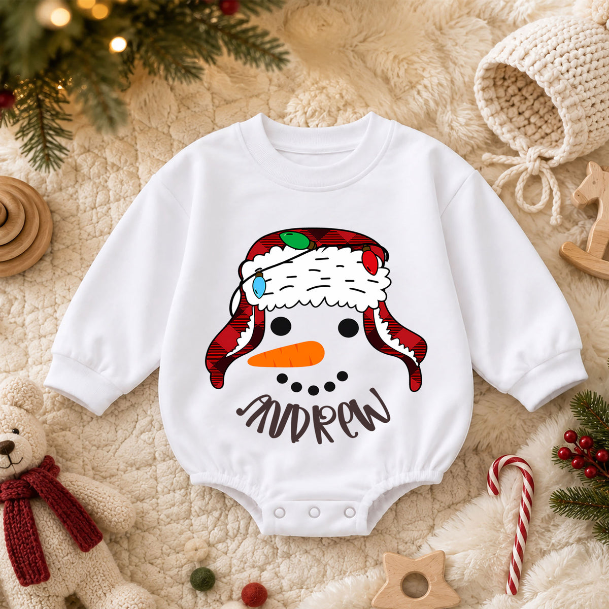 Snowman Baby Romper, Christmas Romper, Plaid Snowman Holiday Outfit, Toddler Xmas Gift — product view 3
