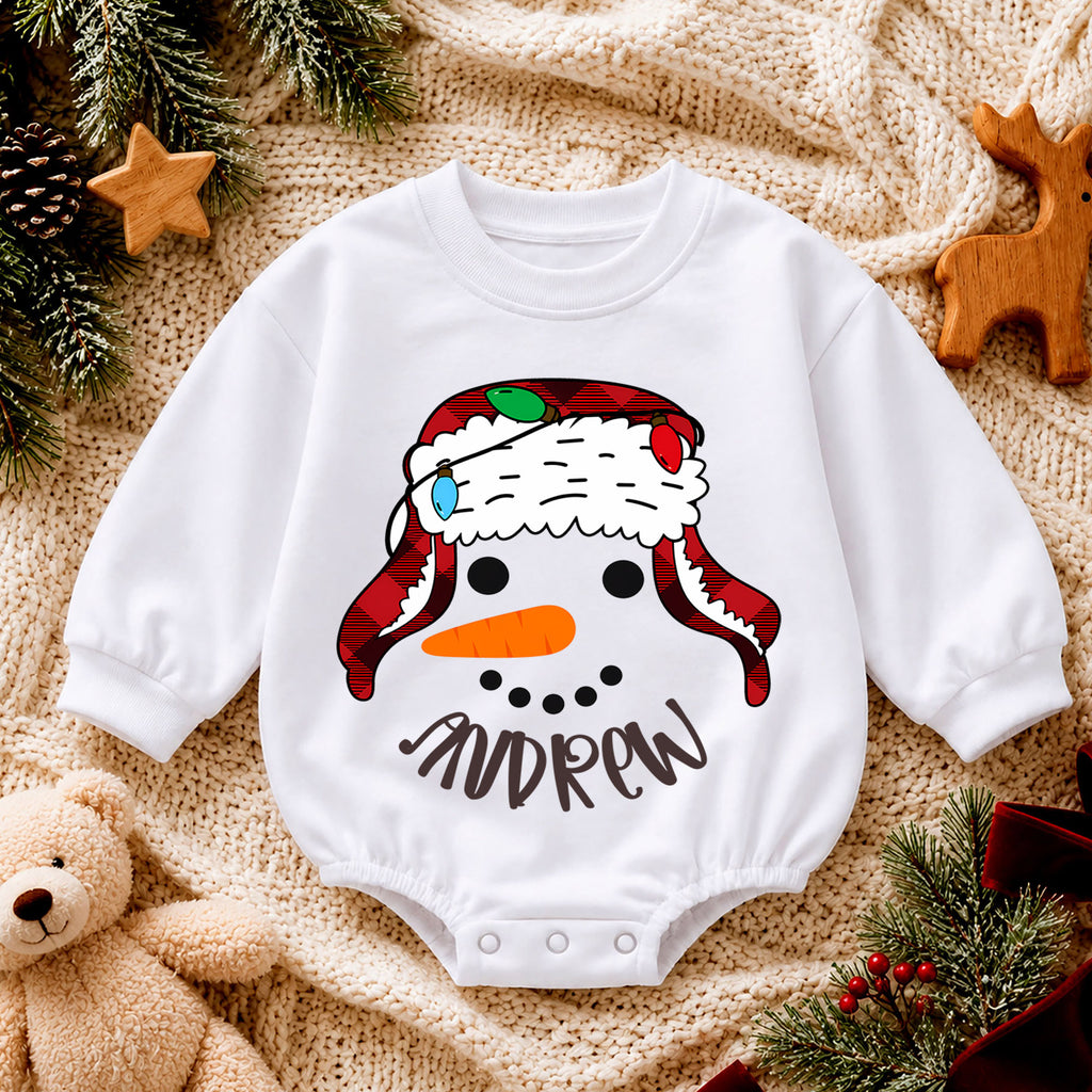 Snowman Baby Romper, Christmas Romper, Plaid Snowman Holiday Outfit, Toddler Xmas Gift — product view 4