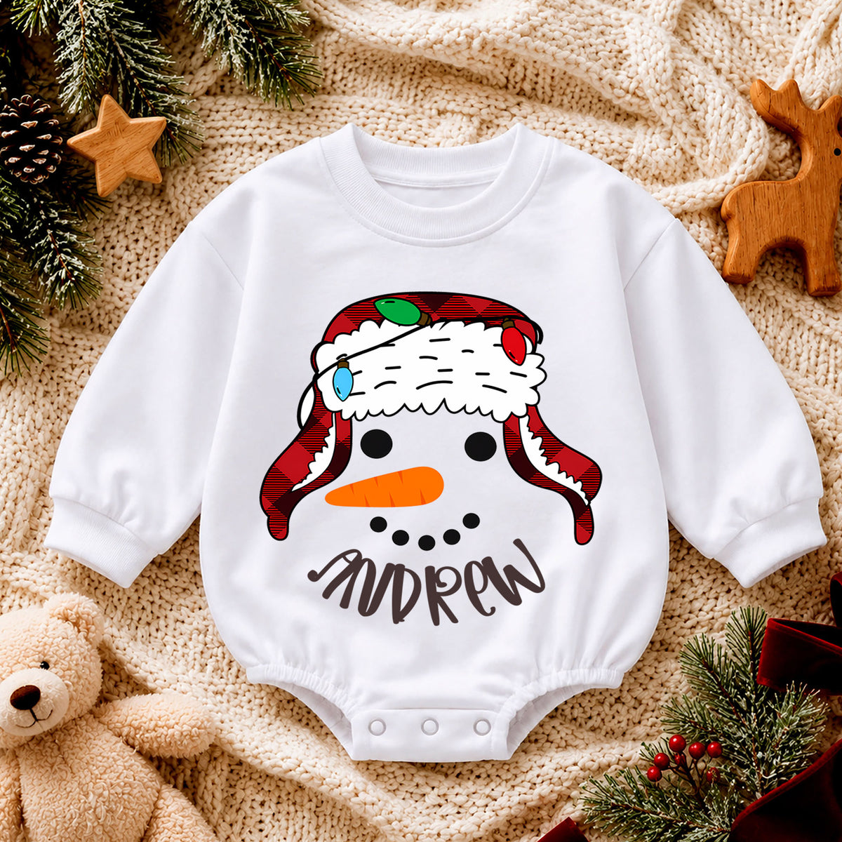 Snowman Baby Romper, Christmas Romper, Plaid Snowman Holiday Outfit, Toddler Xmas Gift — product view 4