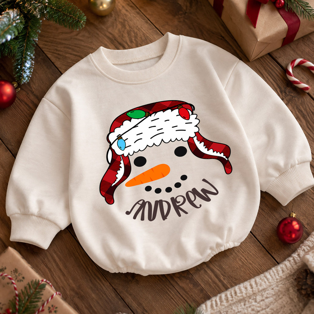 Snowman Baby Romper, Christmas Romper, Plaid Snowman Holiday Outfit, Toddler Xmas Gift — product view 5