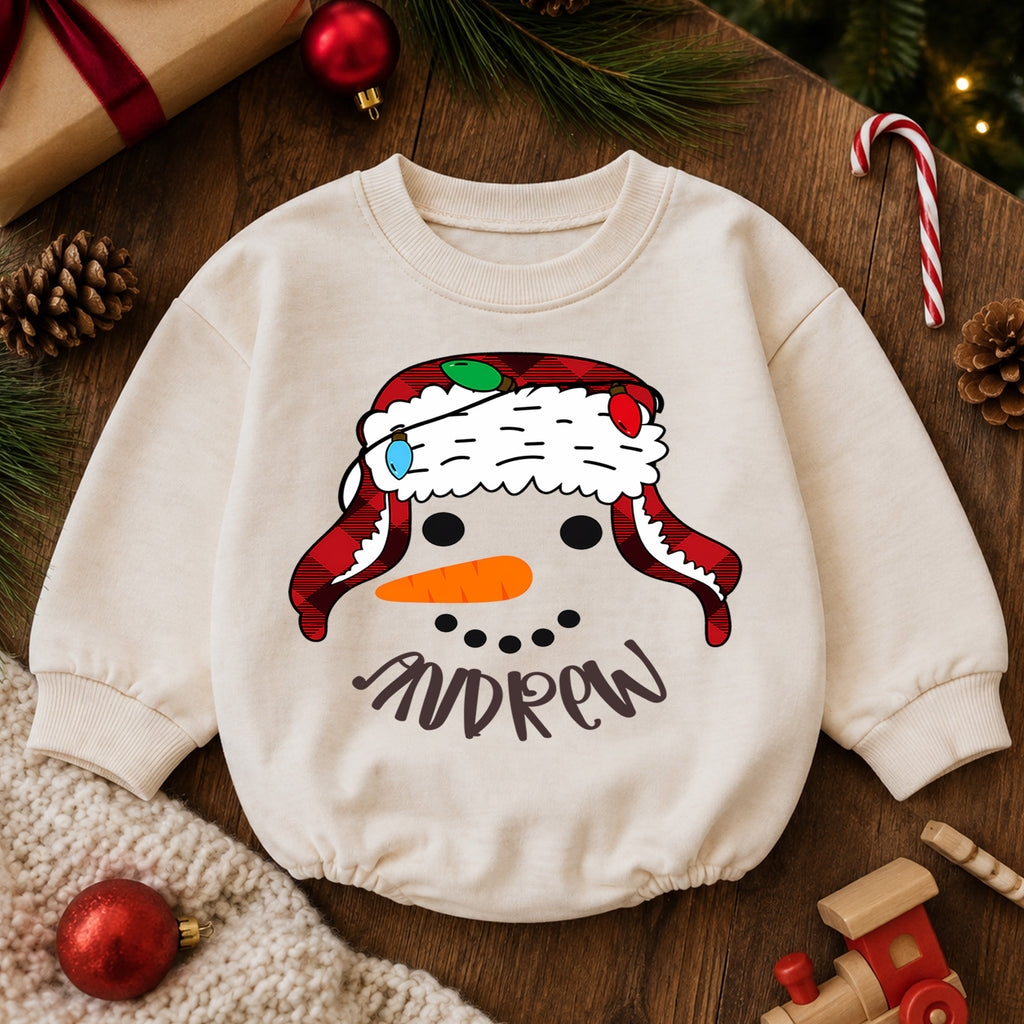 Snowman Baby Romper, Christmas Romper, Plaid Snowman Holiday Outfit, Toddler Xmas Gift — product view 6