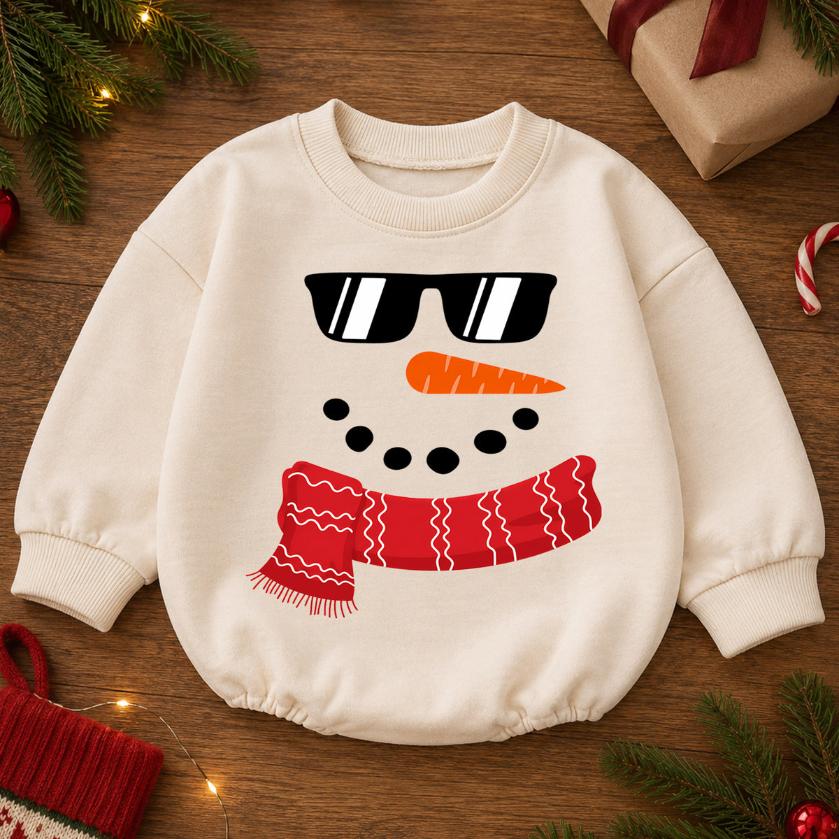 Cool Snowman Christmas Baby Romper, Sunglasses Snowman Romper, Funny Toddler Holiday Outfit, Winter Xmas Gift for Baby — product view 2