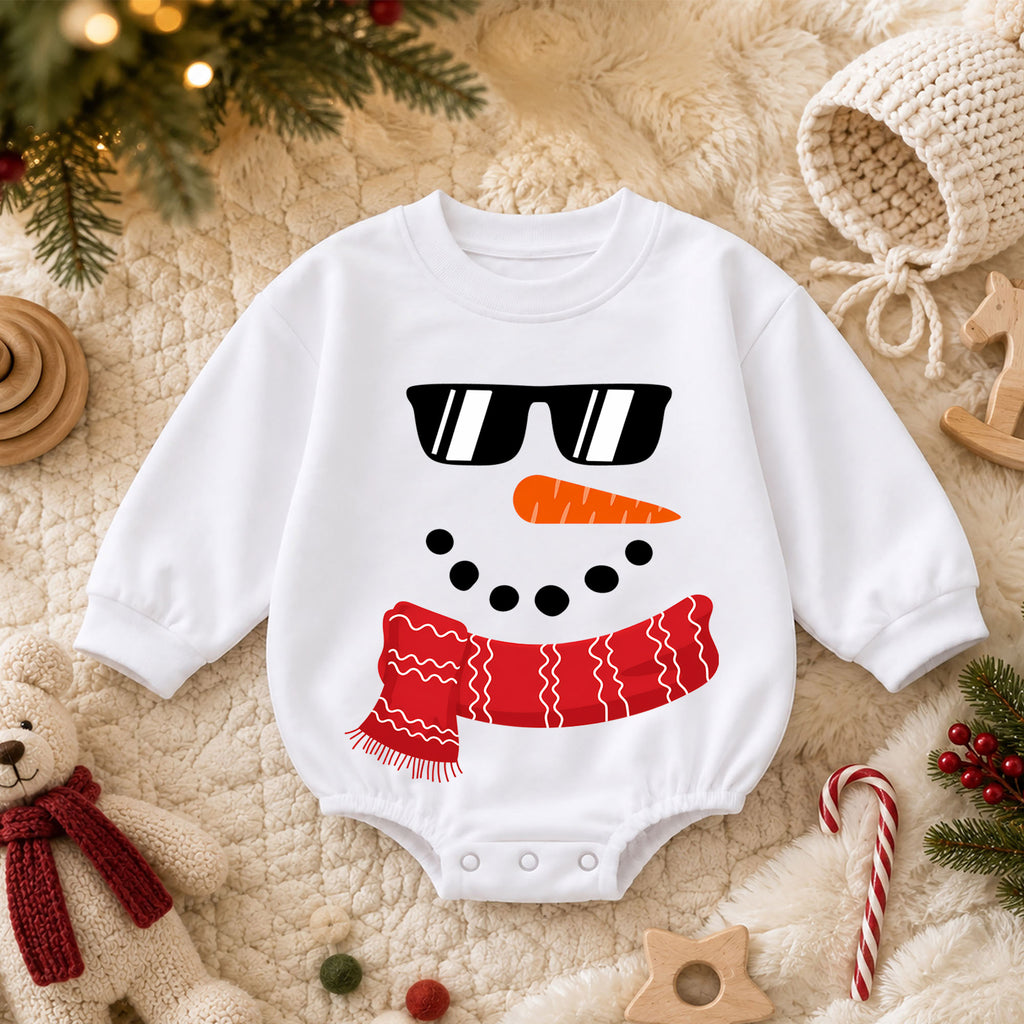 Cool Snowman Christmas Baby Romper, Sunglasses Snowman Romper, Funny Toddler Holiday Outfit, Winter Xmas Gift for Baby — product view 3