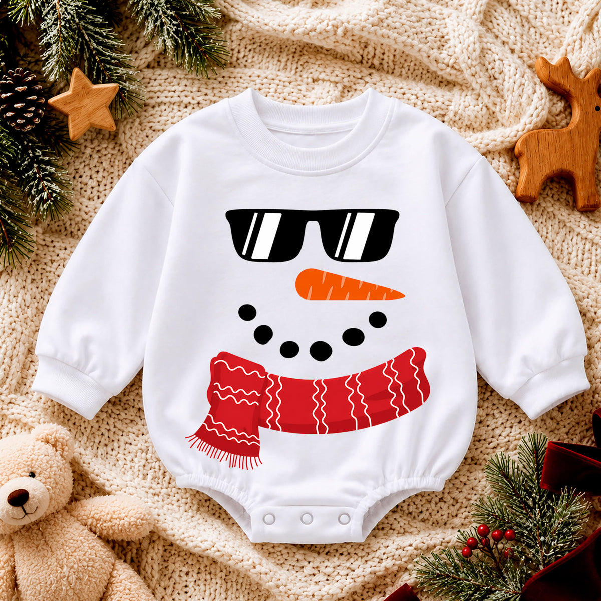 Cool Snowman Christmas Baby Romper, Sunglasses Snowman Romper, Funny Toddler Holiday Outfit, Winter Xmas Gift for Baby — product view 4