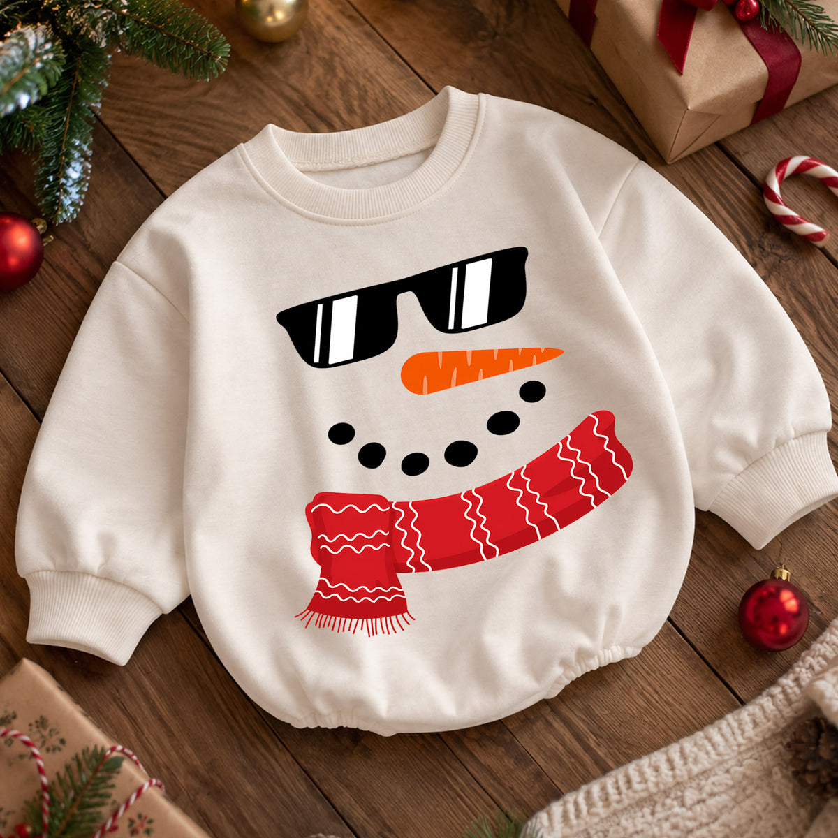 Cool Snowman Christmas Baby Romper, Sunglasses Snowman Romper, Funny Toddler Holiday Outfit, Winter Xmas Gift for Baby — product view 5