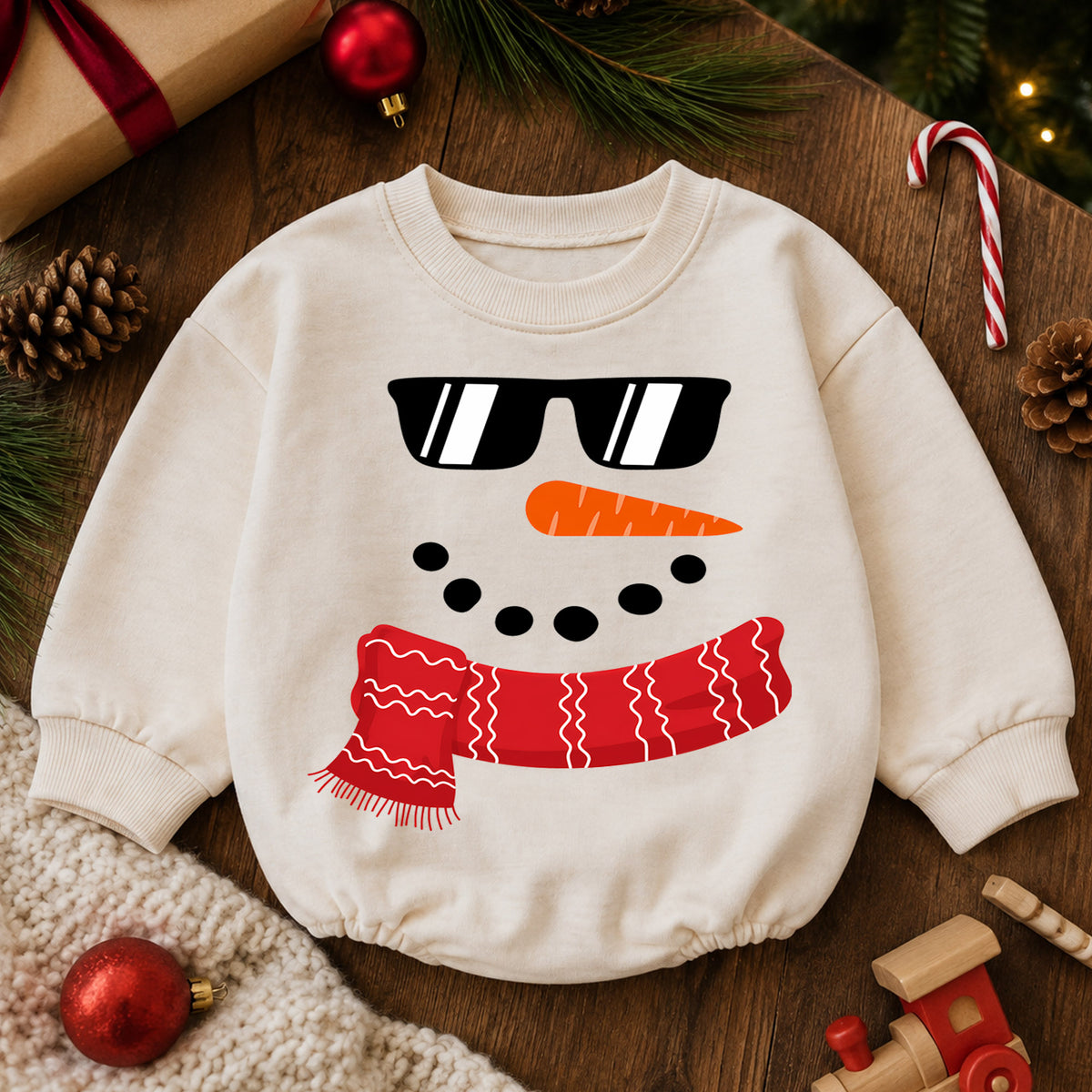 Cool Snowman Christmas Baby Romper, Sunglasses Snowman Romper, Funny Toddler Holiday Outfit, Winter Xmas Gift for Baby — product view 6