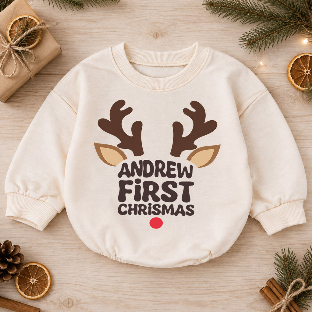 My First Christmas Reindeer Baby Romper, Personalized Name Holiday Outfit, Custom 1st Christmas Gift for Baby Boys & Girls — product view 1